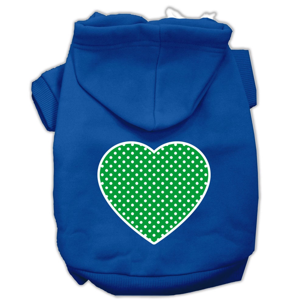 A cozy pet hoodie featuring a green Swiss dots heart pattern, designed for dogs and cats, showcasing its soft fabric and durable stitching.