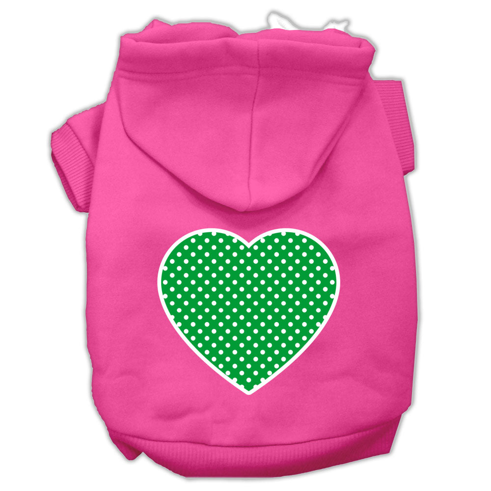 A cozy pet hoodie featuring a green Swiss dots heart pattern, designed for dogs and cats, showcasing its soft fabric and durable stitching.