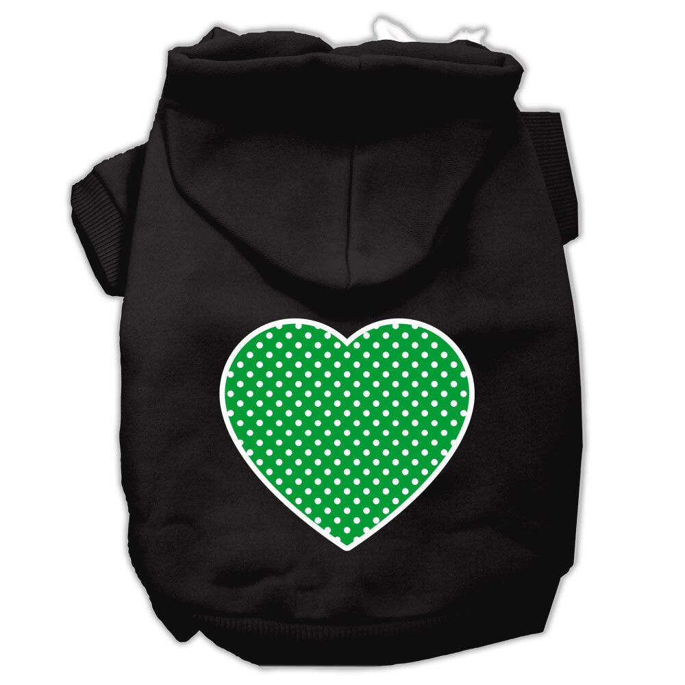 A cozy pet hoodie featuring a green Swiss dots heart pattern, designed for dogs and cats, showcasing its soft fabric and durable stitching.