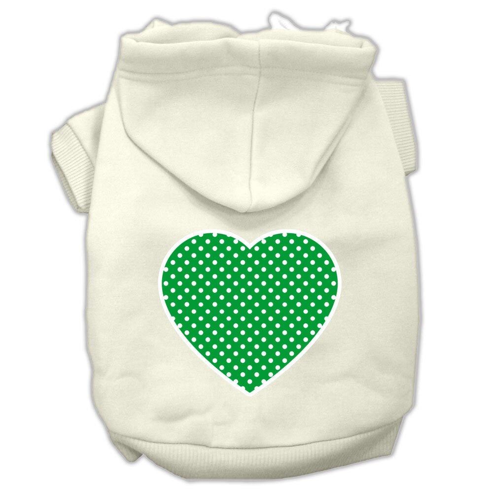 A cozy pet hoodie featuring a green Swiss dots heart pattern, designed for dogs and cats, showcasing its soft fabric and durable stitching.