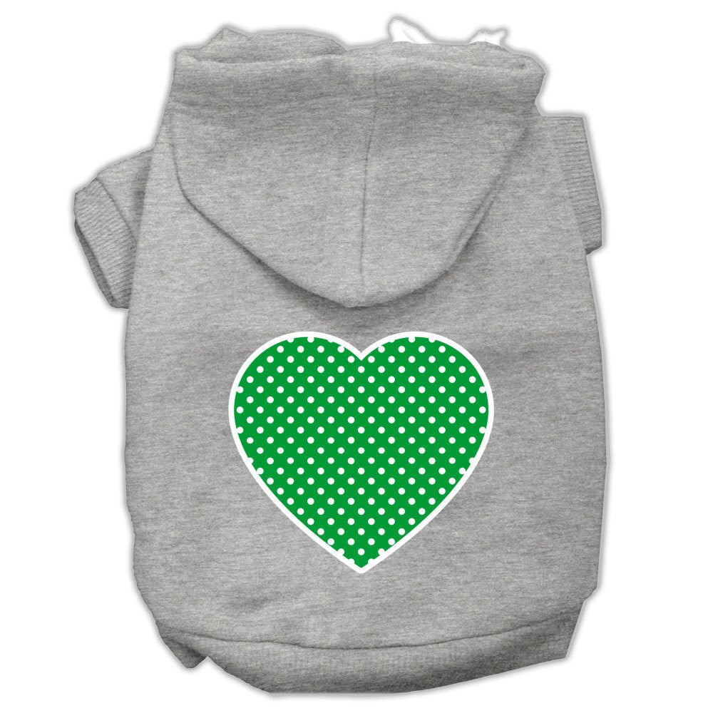 A cozy pet hoodie featuring a green Swiss dots heart pattern, designed for dogs and cats, showcasing its soft fabric and durable stitching.