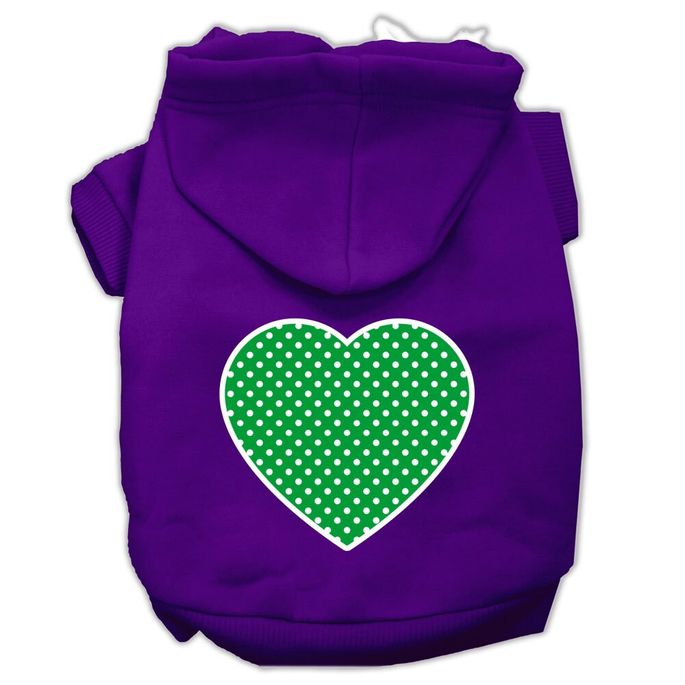 A cozy pet hoodie featuring a green Swiss dots heart pattern, designed for dogs and cats, showcasing its soft fabric and durable stitching.