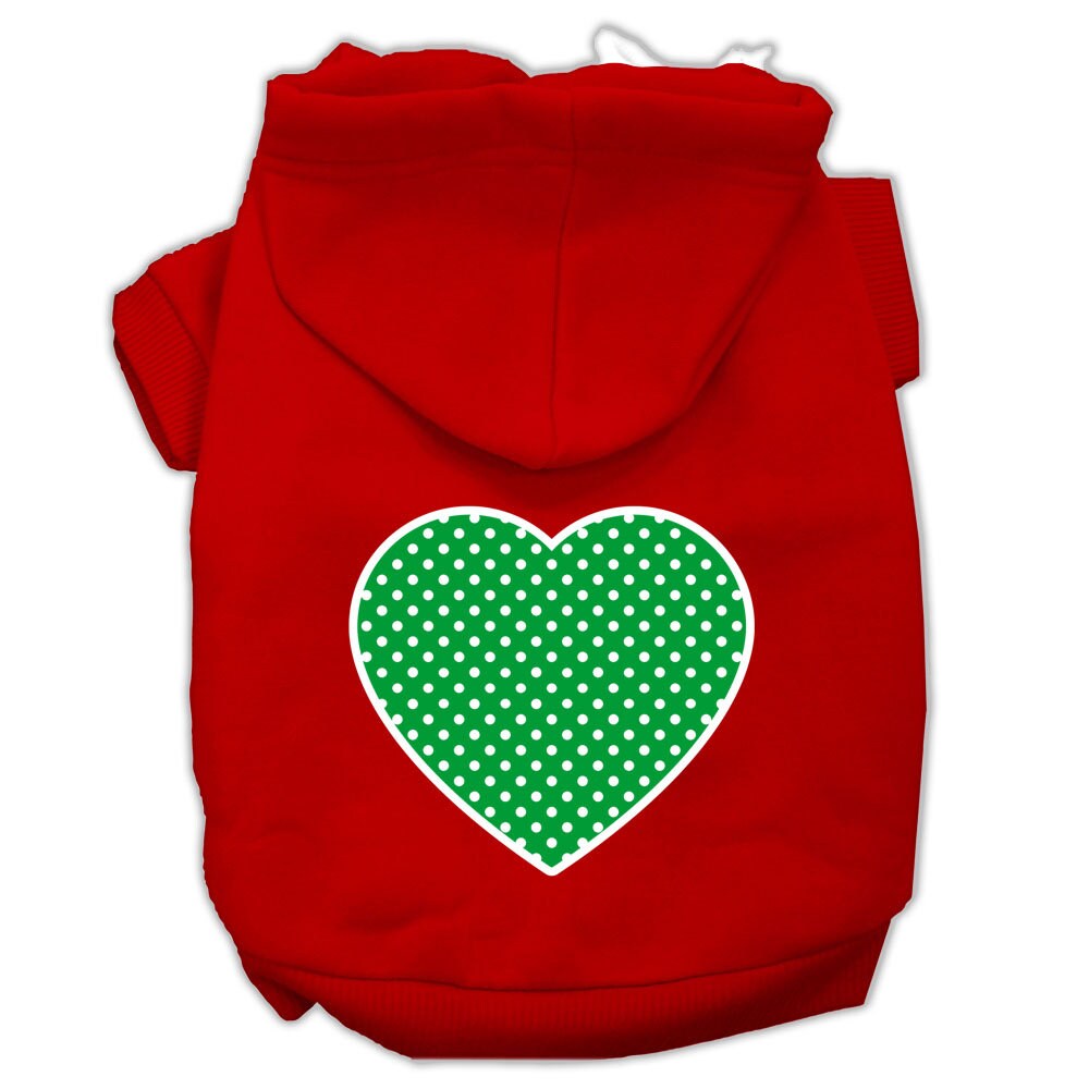 A cozy pet hoodie featuring a green Swiss dots heart pattern, designed for dogs and cats, showcasing its soft fabric and durable stitching.