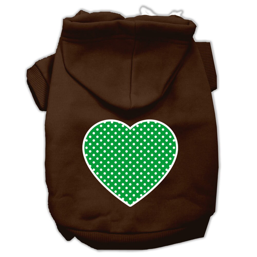 A cozy pet hoodie featuring a green Swiss dots heart pattern, designed for dogs and cats, showcasing its soft fabric and durable stitching.