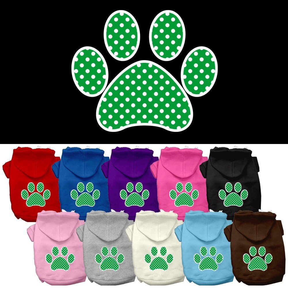 A cozy pet hoodie featuring a green Swiss dots paw print design, suitable for dogs and cats.