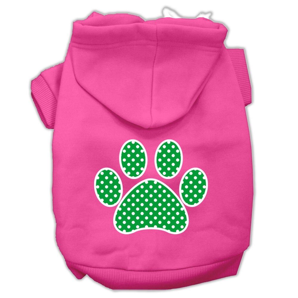 A cozy pet hoodie featuring a green Swiss dots paw print design, suitable for dogs and cats.