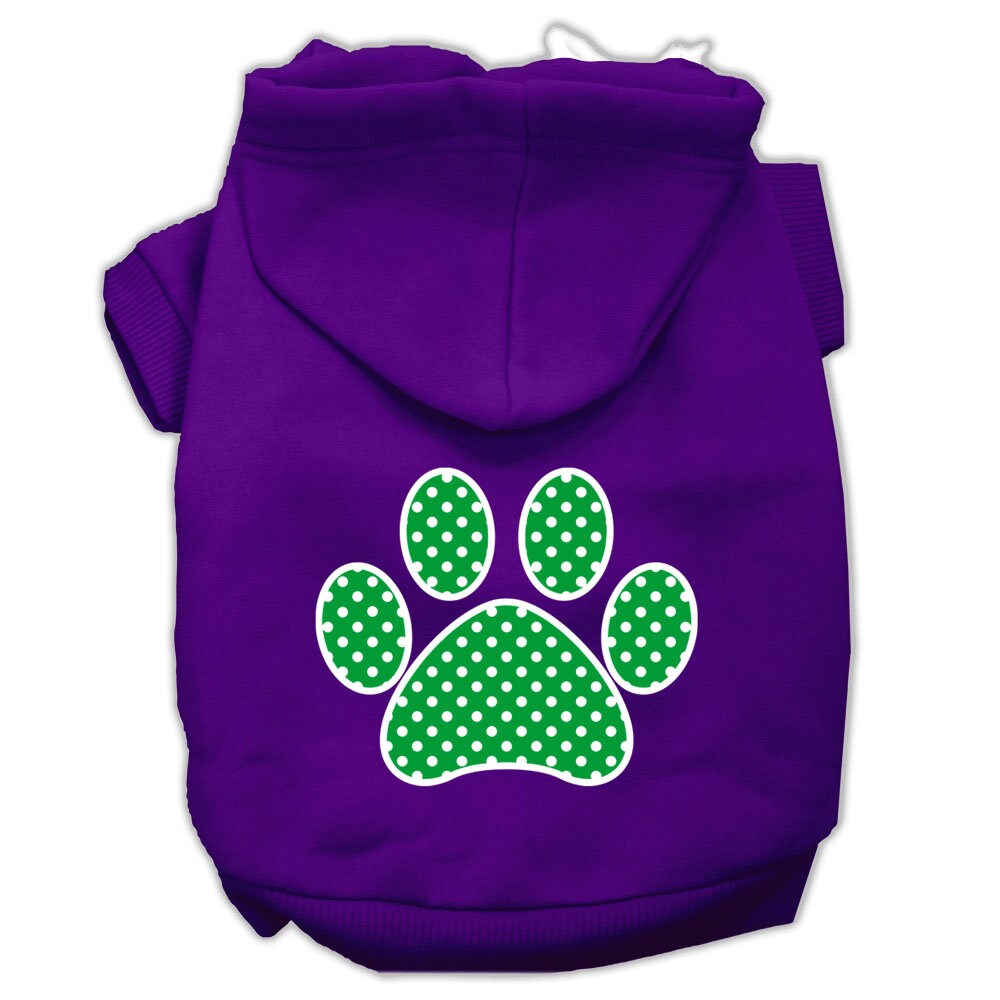 A cozy pet hoodie featuring a green Swiss dots paw print design, suitable for dogs and cats.