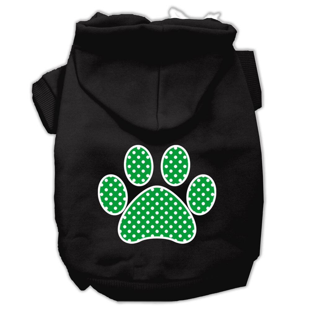A cozy pet hoodie featuring a green Swiss dots paw print design, suitable for dogs and cats.