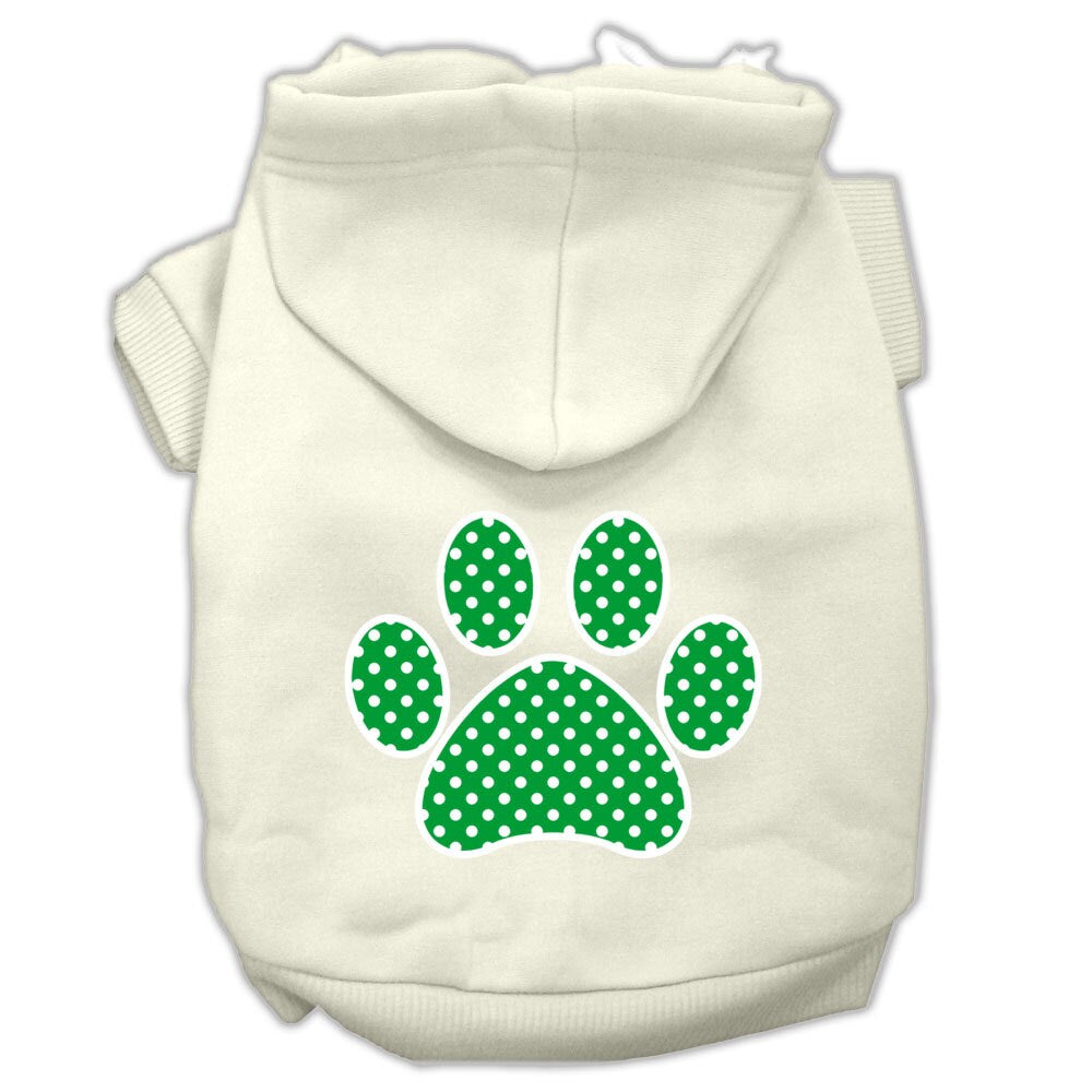 A cozy pet hoodie featuring a green Swiss dots paw print design, suitable for dogs and cats.