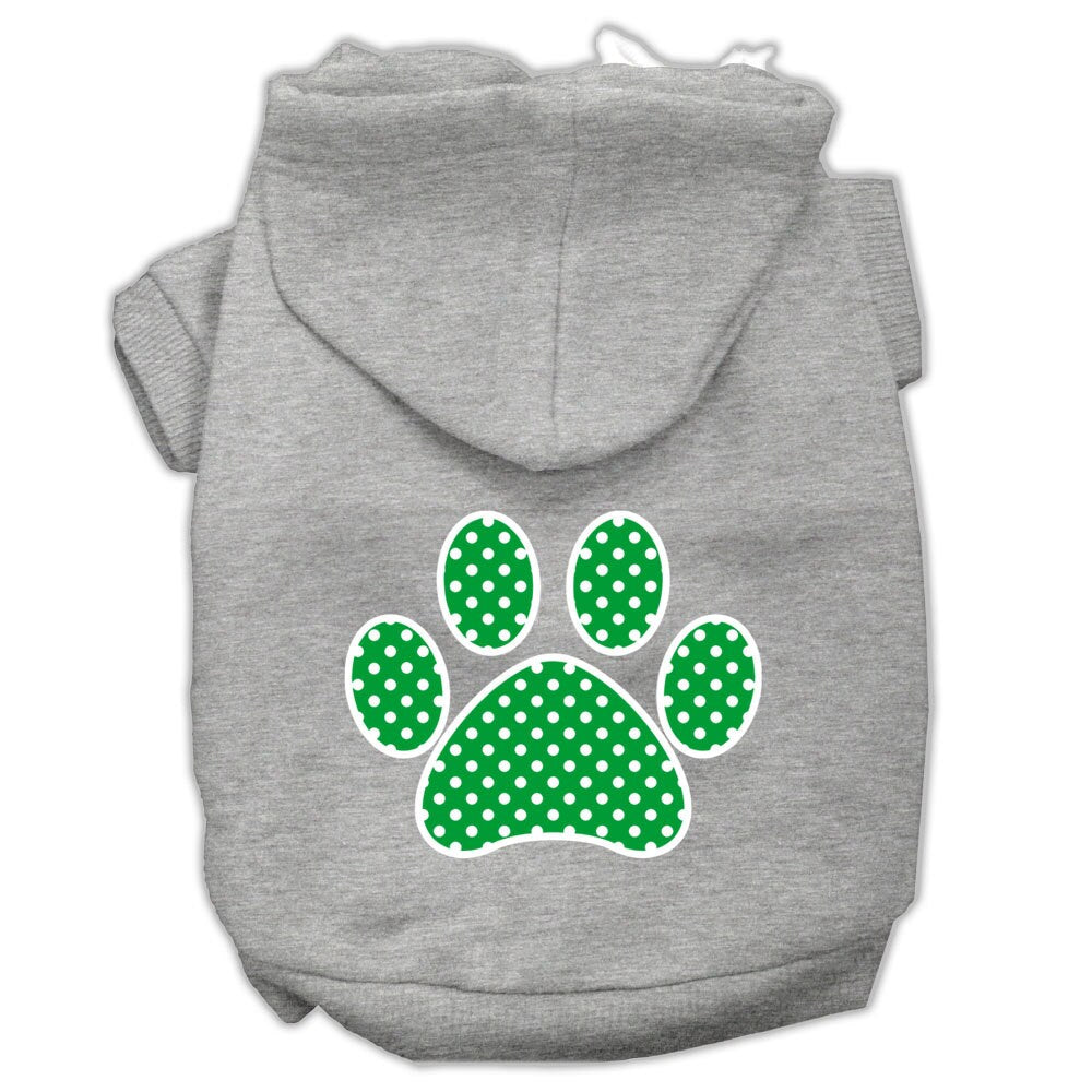 A cozy pet hoodie featuring a green Swiss dots paw print design, suitable for dogs and cats.