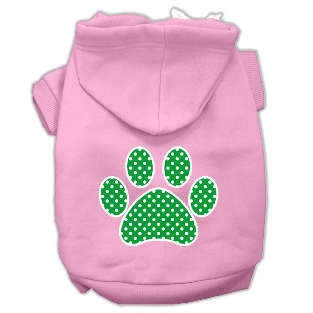 A cozy pet hoodie featuring a green Swiss dots paw print design, suitable for dogs and cats.