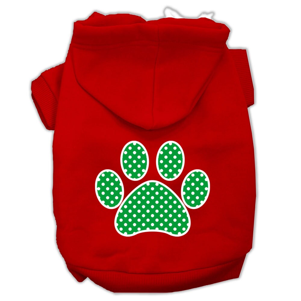 A cozy pet hoodie featuring a green Swiss dots paw print design, suitable for dogs and cats.
