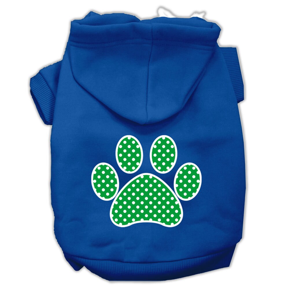 A cozy pet hoodie featuring a green Swiss dots paw print design, suitable for dogs and cats.