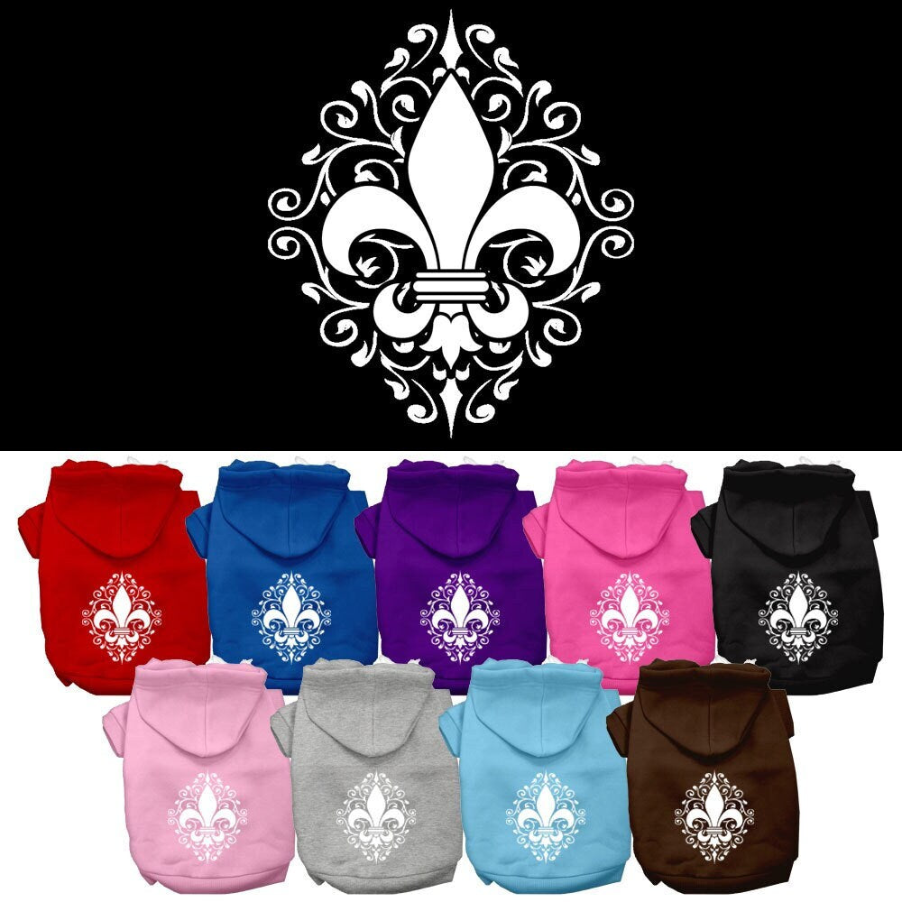 A cozy pet hoodie featuring a Henna Fleur De Lis design, suitable for dogs and cats, showcasing its soft fabric and stylish print.