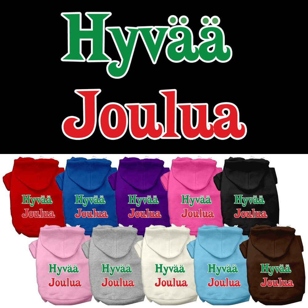 A cozy pet hoodie for dogs and cats, featuring the festive print 'Hyvaa Joulua', made from soft cotton and polyester blend.