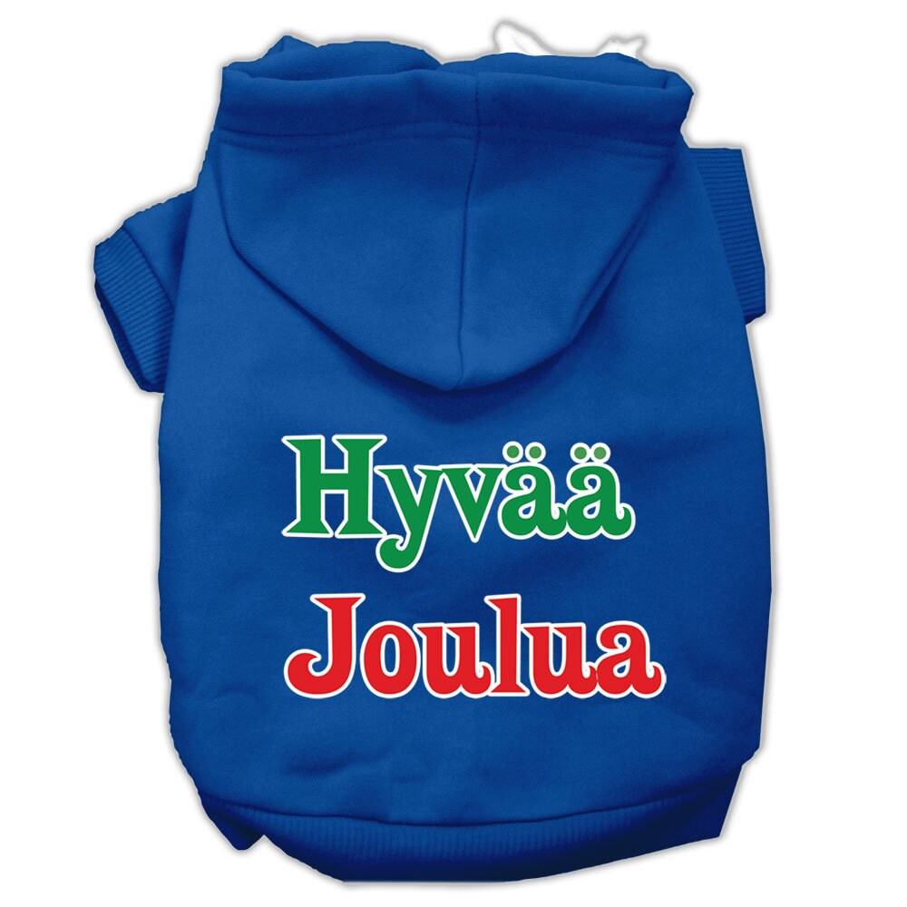 A cozy pet hoodie for dogs and cats, featuring the festive print 'Hyvaa Joulua', made from soft cotton and polyester blend.