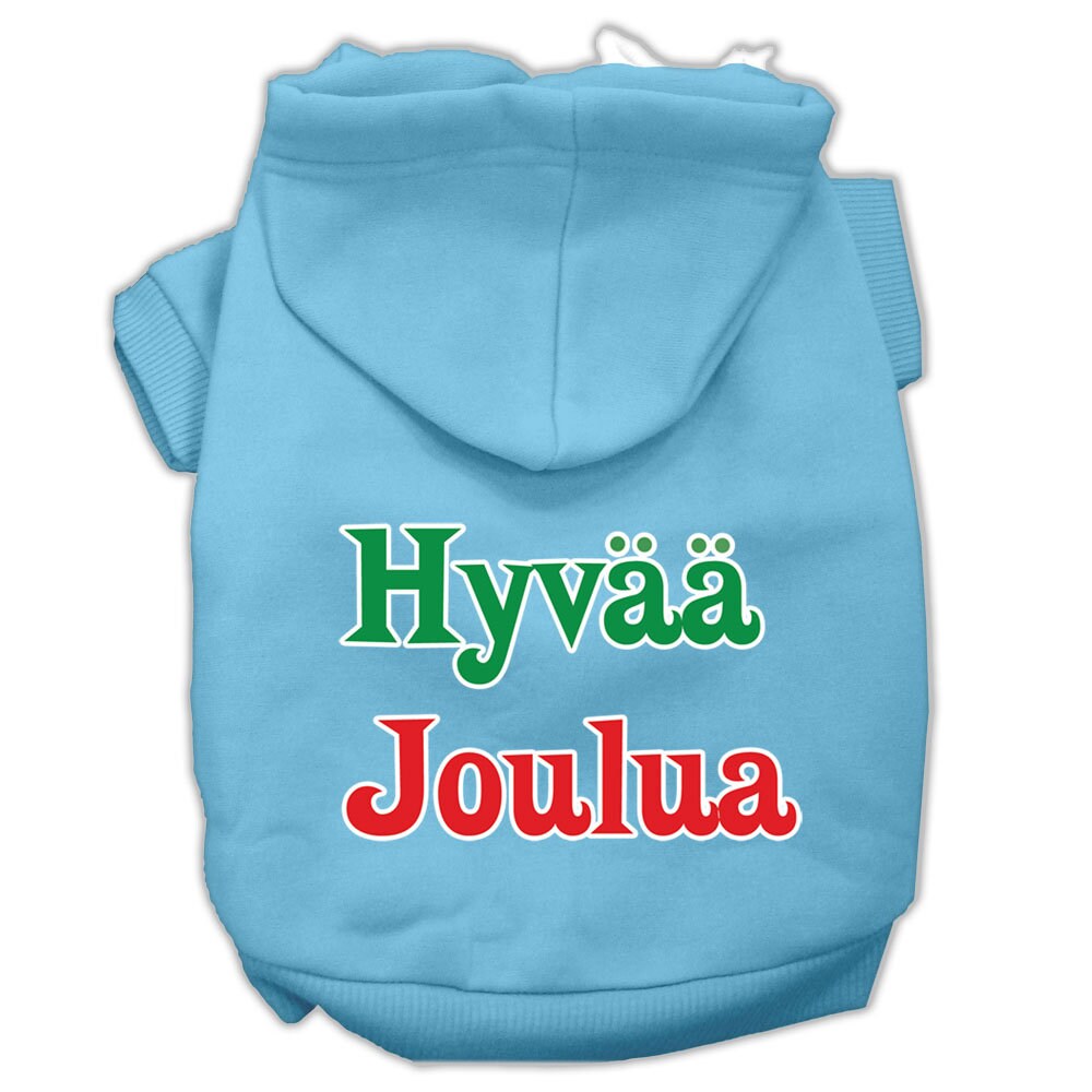 A cozy pet hoodie for dogs and cats, featuring the festive print 'Hyvaa Joulua', made from soft cotton and polyester blend.