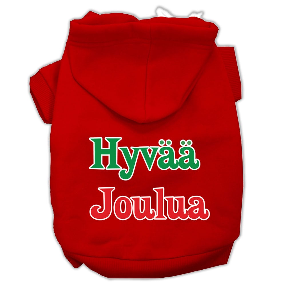A cozy pet hoodie for dogs and cats, featuring the festive print 'Hyvaa Joulua', made from soft cotton and polyester blend.