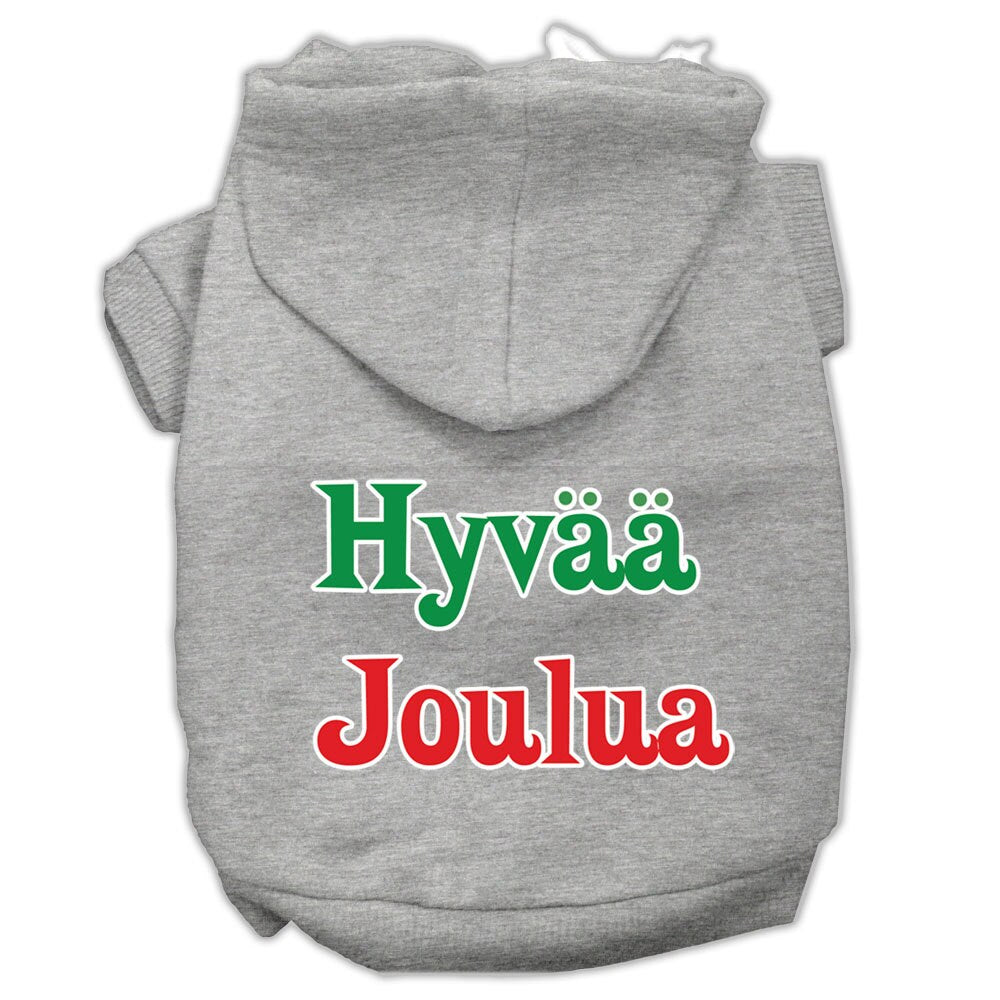 A cozy pet hoodie for dogs and cats, featuring the festive print 'Hyvaa Joulua', made from soft cotton and polyester blend.