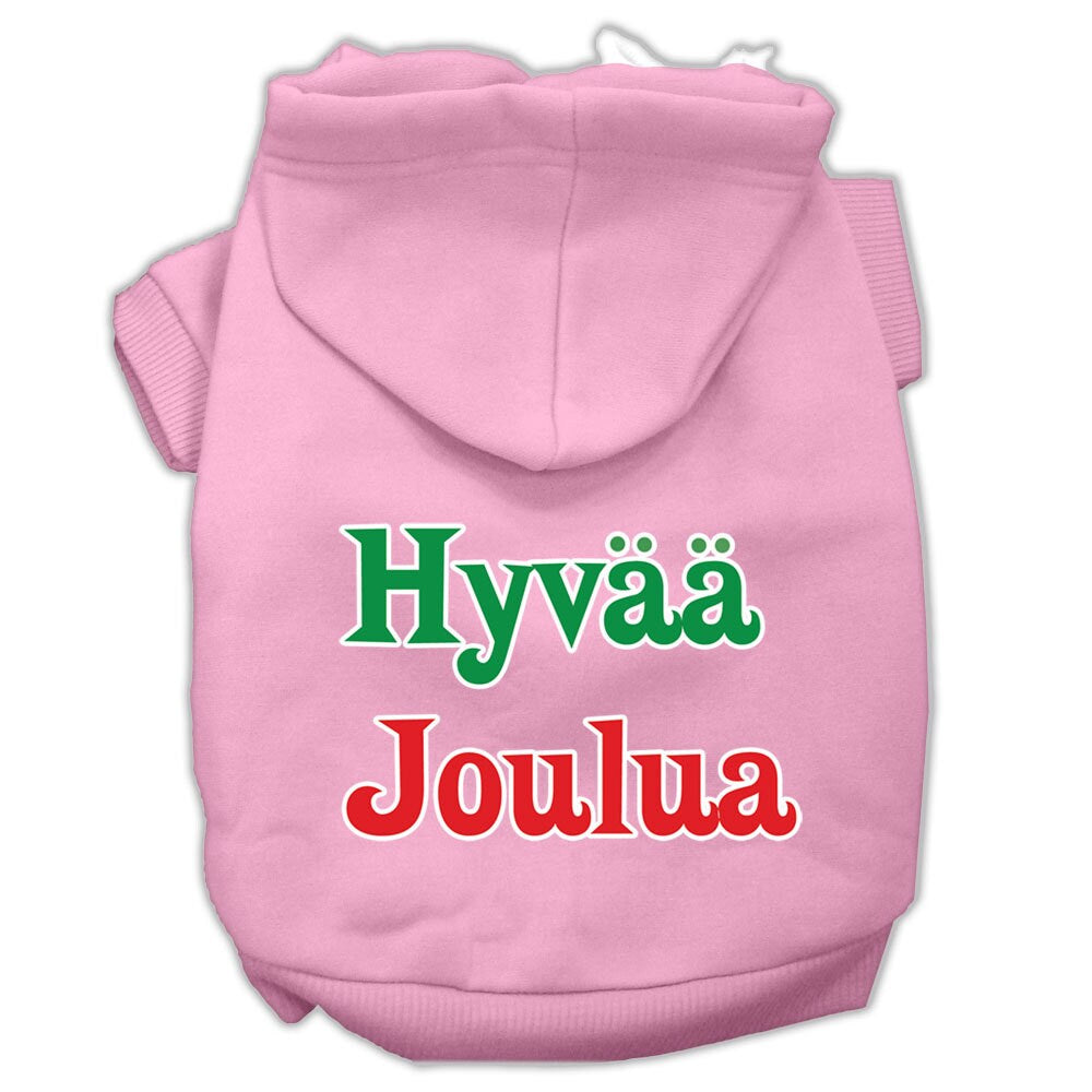 A cozy pet hoodie for dogs and cats, featuring the festive print 'Hyvaa Joulua', made from soft cotton and polyester blend.