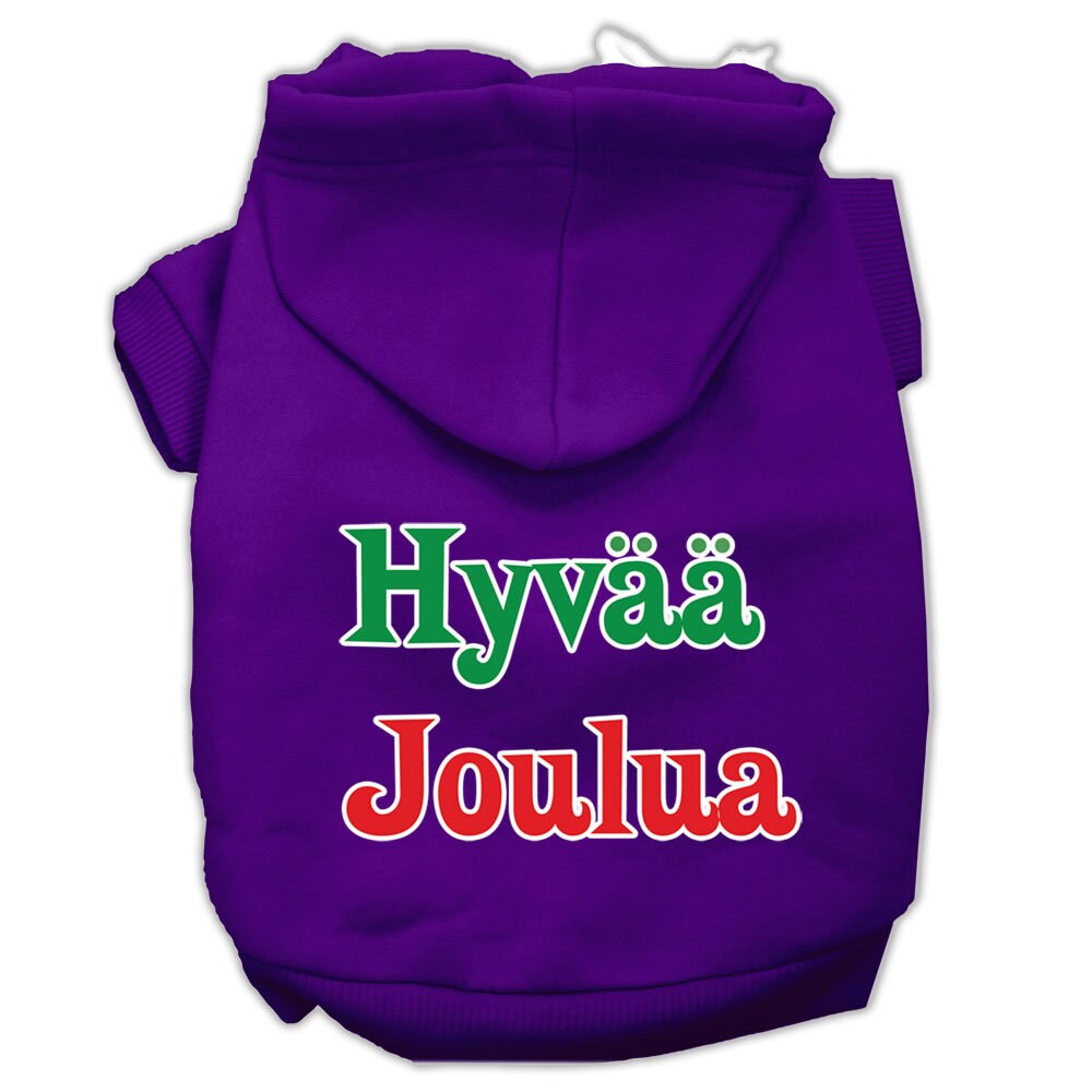 A cozy pet hoodie for dogs and cats, featuring the festive print 'Hyvaa Joulua', made from soft cotton and polyester blend.