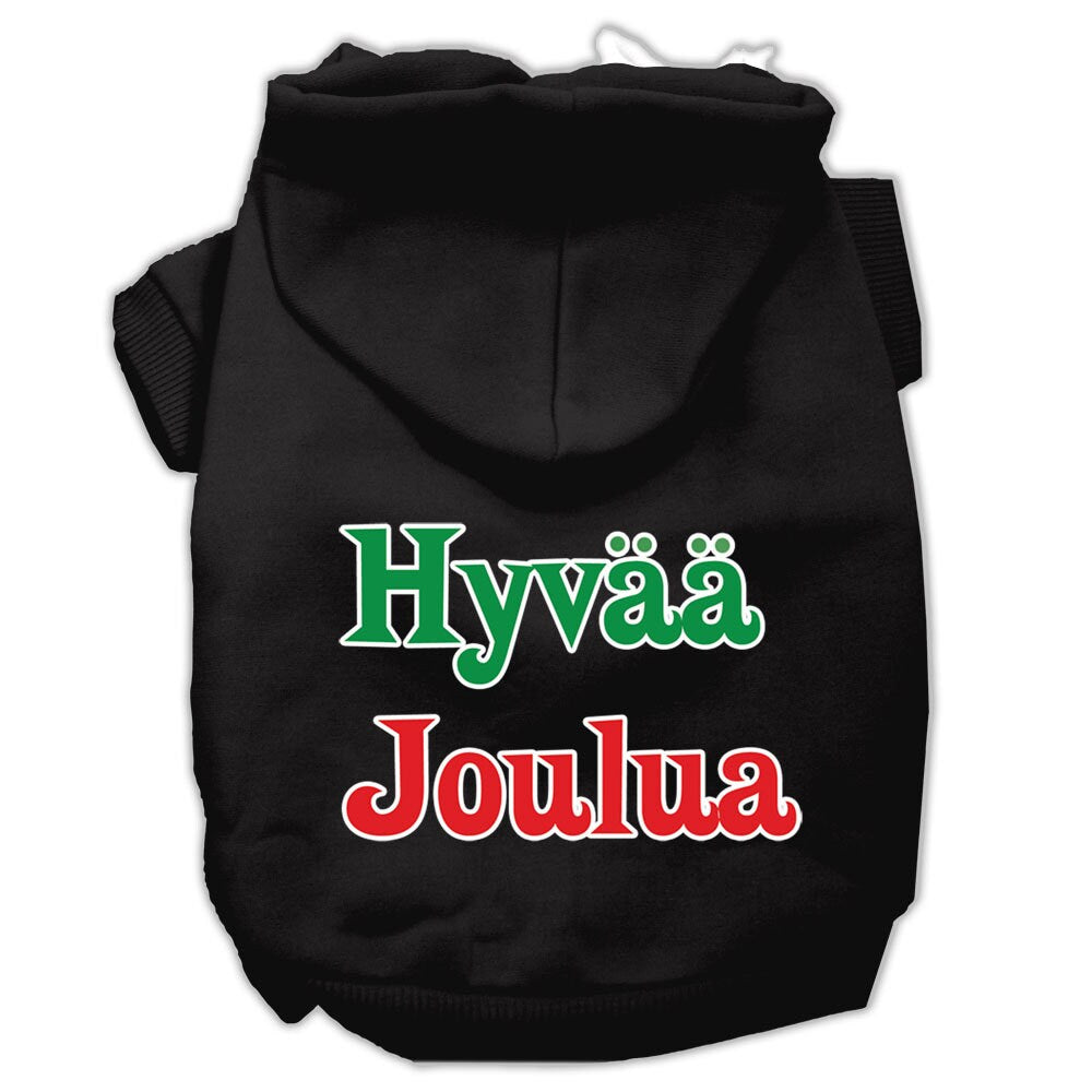 A cozy pet hoodie for dogs and cats, featuring the festive print 'Hyvaa Joulua', made from soft cotton and polyester blend.