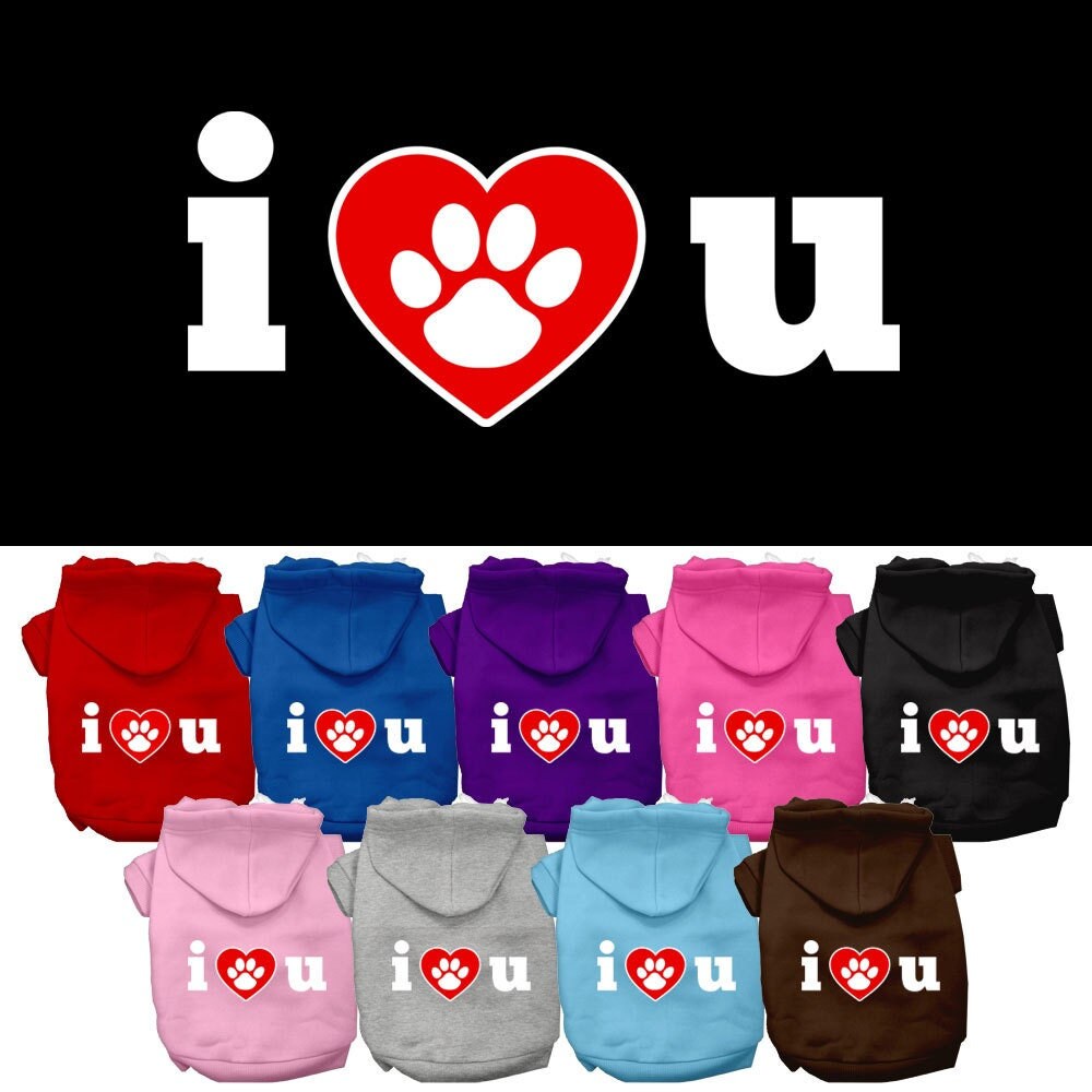 A cozy pet hoodie for dogs and cats, featuring the printed message 'I Love U', made from soft cotton-polyester blend.