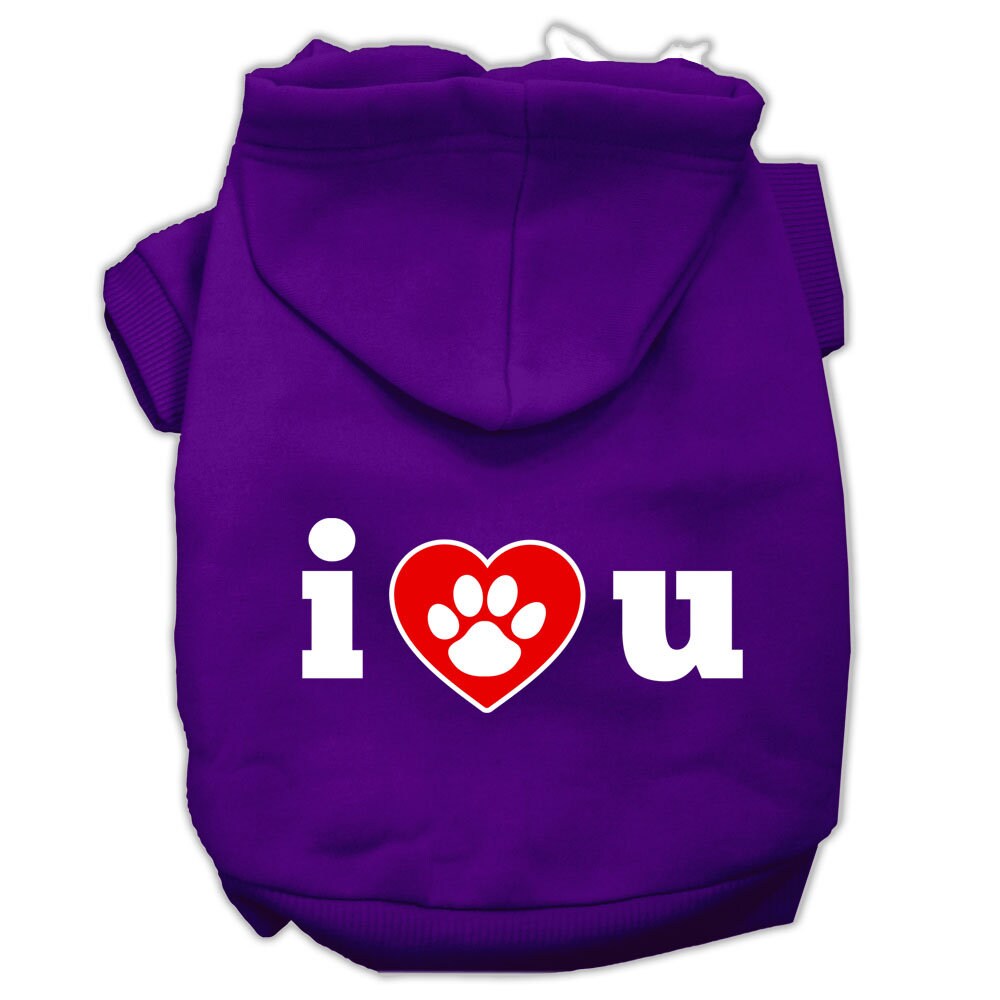 A cozy pet hoodie for dogs and cats, featuring the printed message 'I Love U', made from soft cotton-polyester blend.