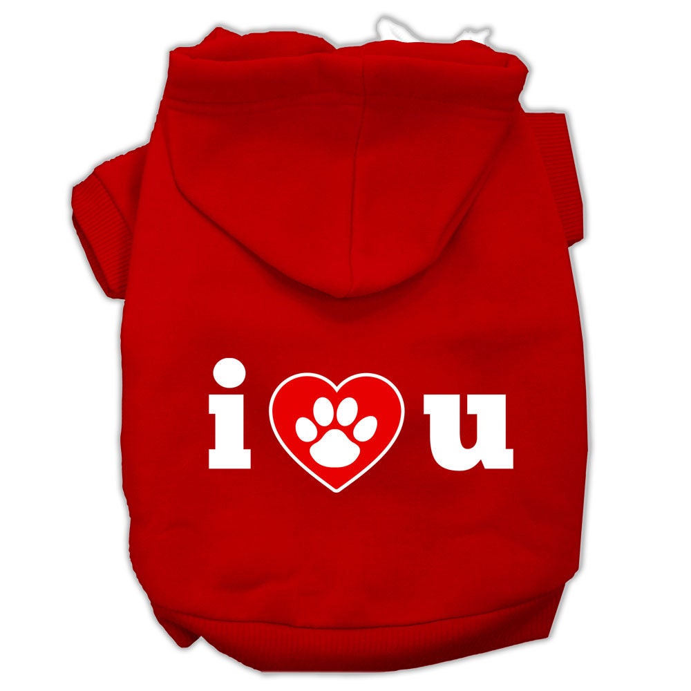 A cozy pet hoodie for dogs and cats, featuring the printed message 'I Love U', made from soft cotton-polyester blend.