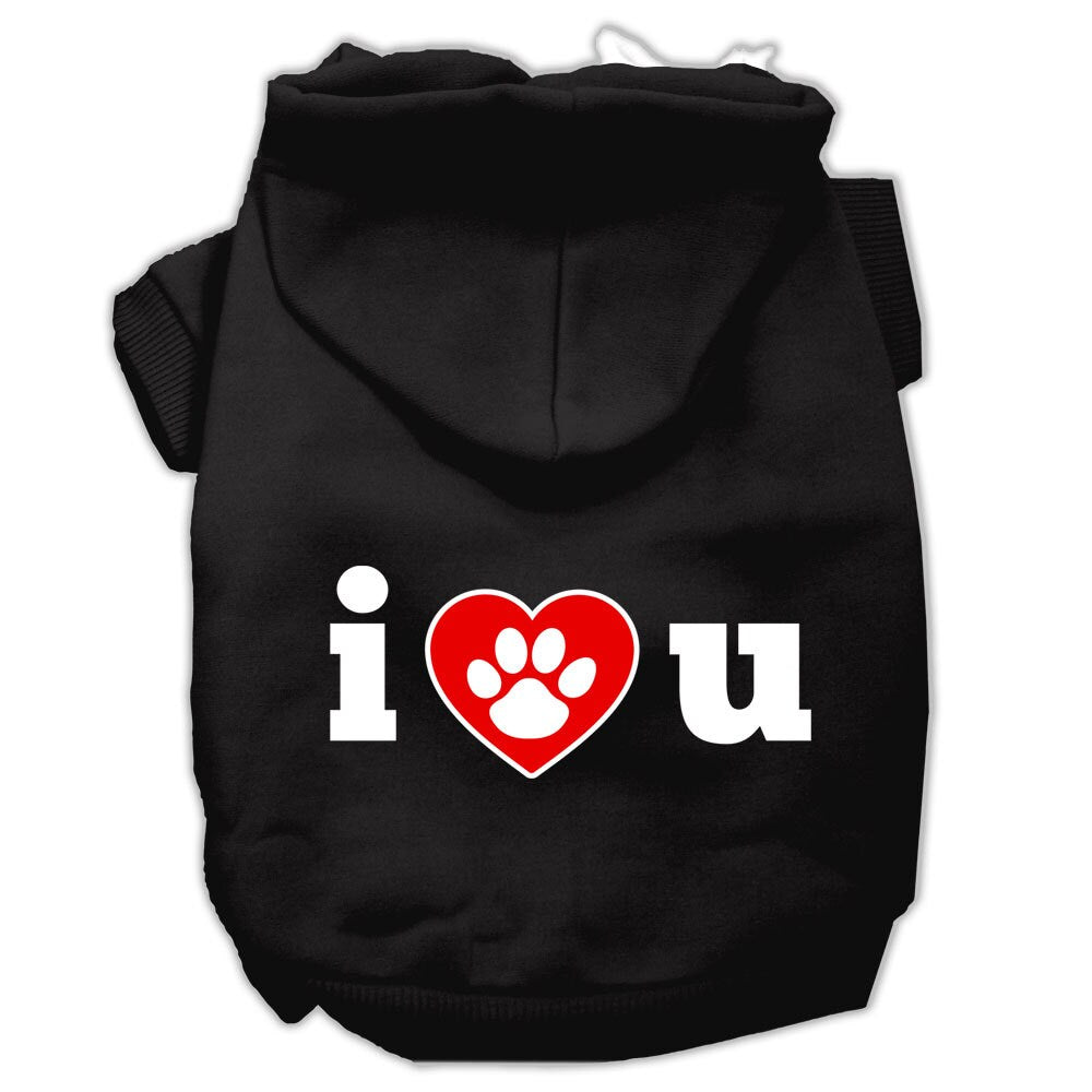 A cozy pet hoodie for dogs and cats, featuring the printed message 'I Love U', made from soft cotton-polyester blend.