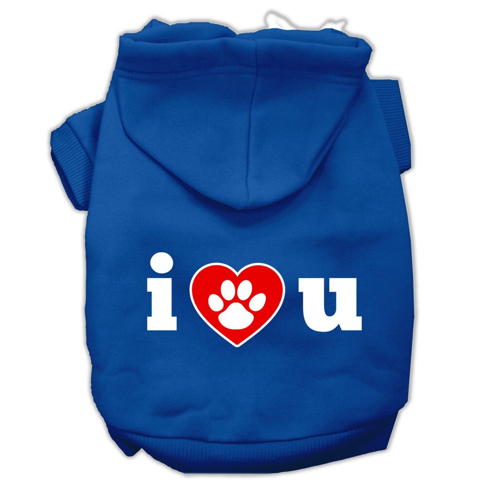 A cozy pet hoodie for dogs and cats, featuring the printed message 'I Love U', made from soft cotton-polyester blend.