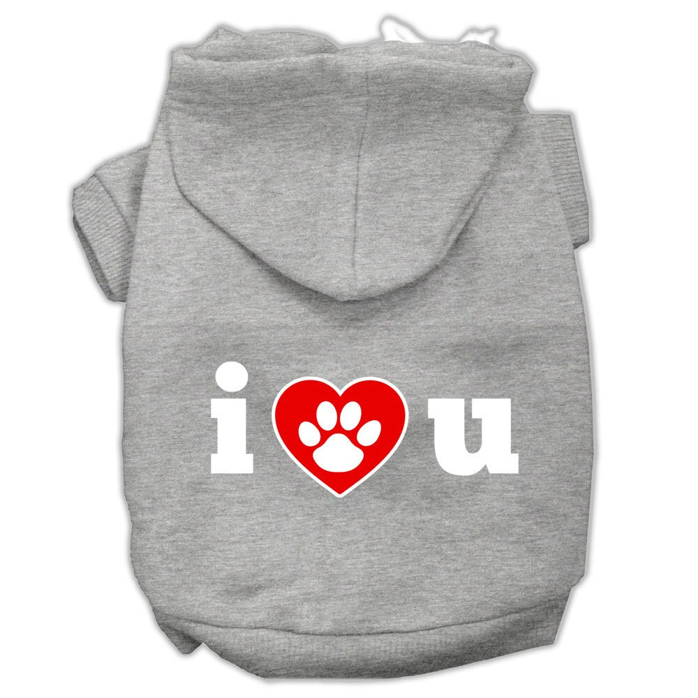 A cozy pet hoodie for dogs and cats, featuring the printed message 'I Love U', made from soft cotton-polyester blend.