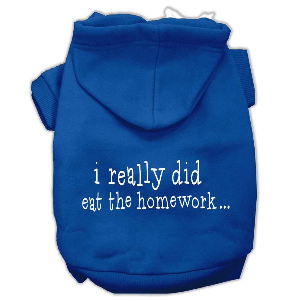 A cozy pet hoodie for dogs and cats, featuring the humorous phrase 'I Really Did Eat The Homework', made from soft cotton-polyester blend.