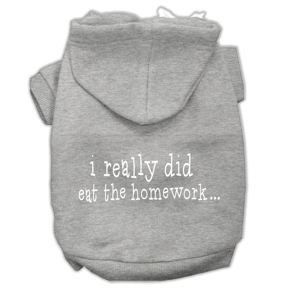 A cozy pet hoodie for dogs and cats, featuring the humorous phrase 'I Really Did Eat The Homework', made from soft cotton-polyester blend.