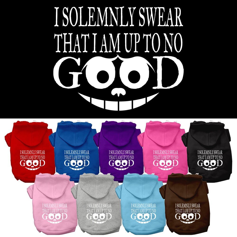 A cozy pet hoodie for dogs and cats, featuring the phrase 'I Solemnly Swear That I Am Up To No Good', showcasing its soft fabric and stylish design.