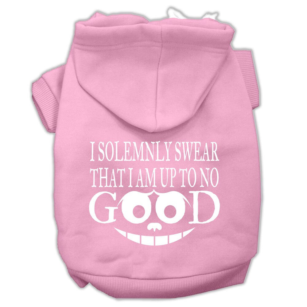 A cozy pet hoodie for dogs and cats, featuring the phrase 'I Solemnly Swear That I Am Up To No Good', showcasing its soft fabric and stylish design.
