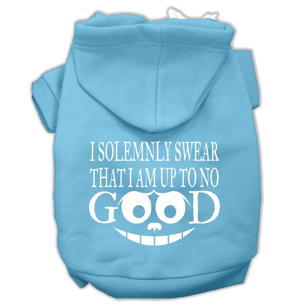 A cozy pet hoodie for dogs and cats, featuring the phrase 'I Solemnly Swear That I Am Up To No Good', showcasing its soft fabric and stylish design.