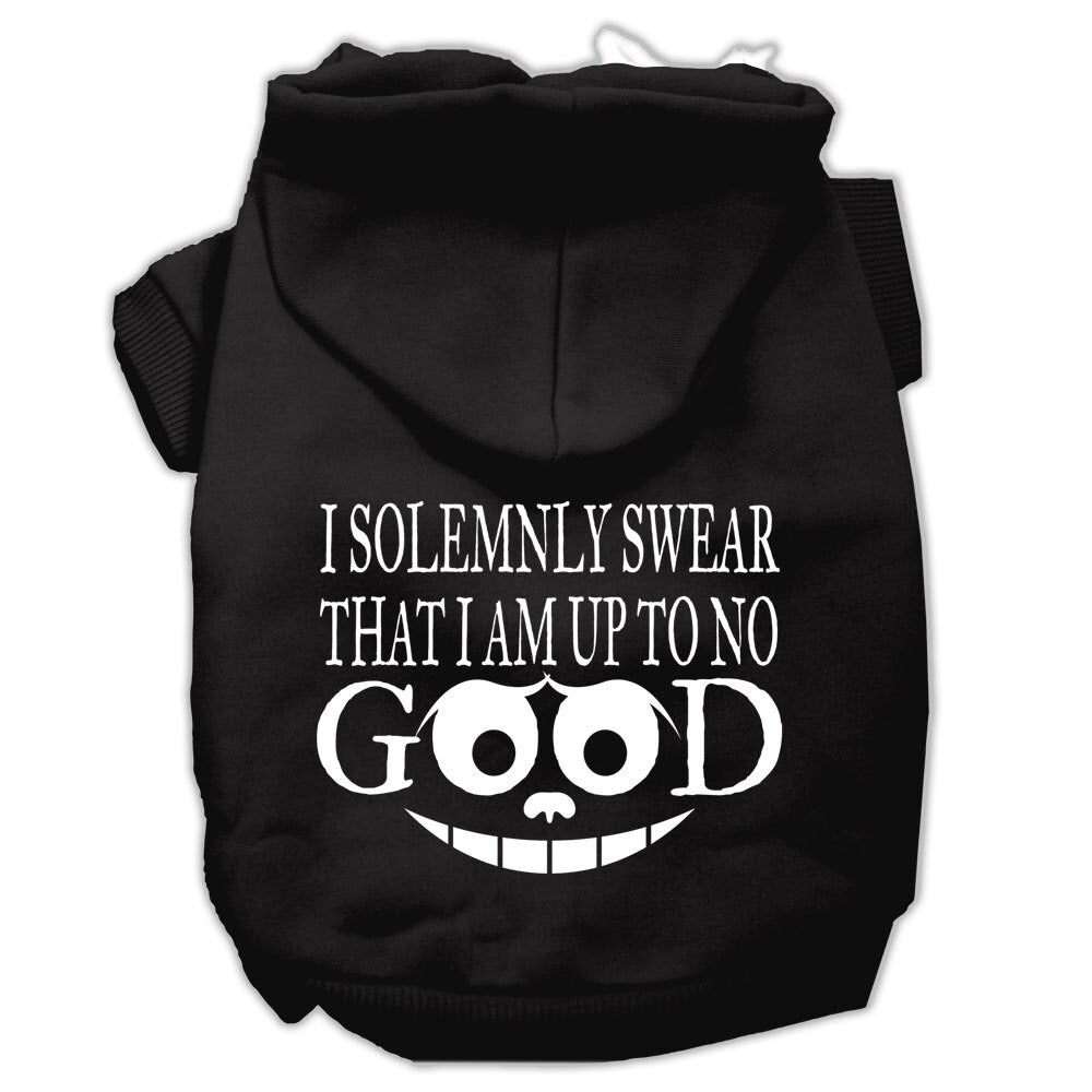 A cozy pet hoodie for dogs and cats, featuring the phrase 'I Solemnly Swear That I Am Up To No Good', showcasing its soft fabric and stylish design.