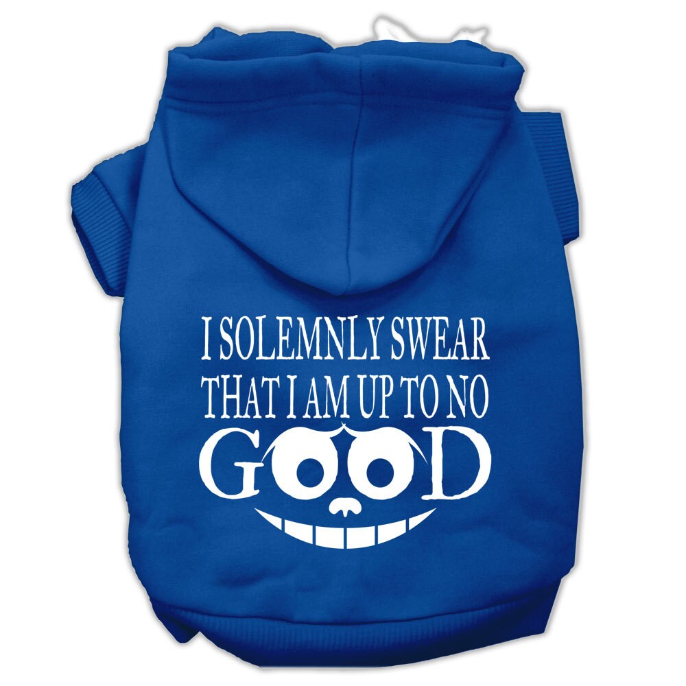 A cozy pet hoodie for dogs and cats, featuring the phrase 'I Solemnly Swear That I Am Up To No Good', showcasing its soft fabric and stylish design.