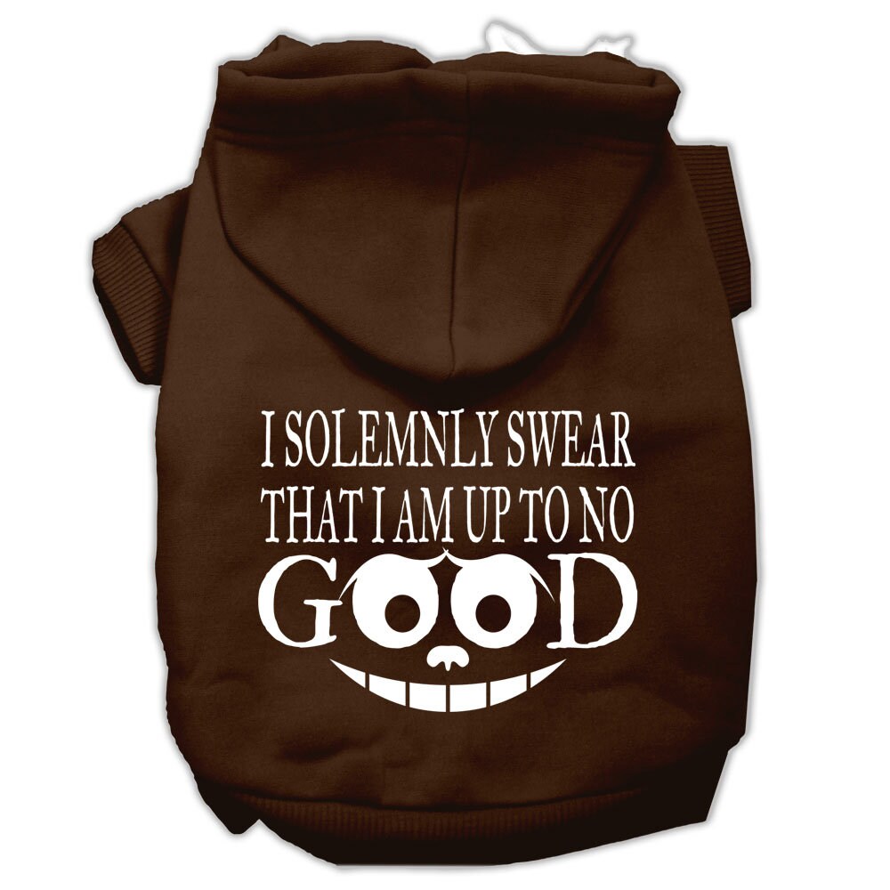 A cozy pet hoodie for dogs and cats, featuring the phrase 'I Solemnly Swear That I Am Up To No Good', showcasing its soft fabric and stylish design.