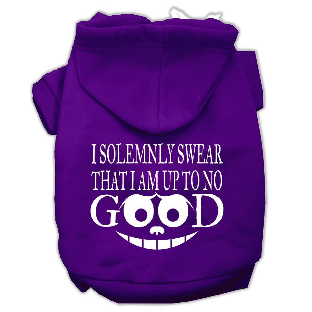 A cozy pet hoodie for dogs and cats, featuring the phrase 'I Solemnly Swear That I Am Up To No Good', showcasing its soft fabric and stylish design.