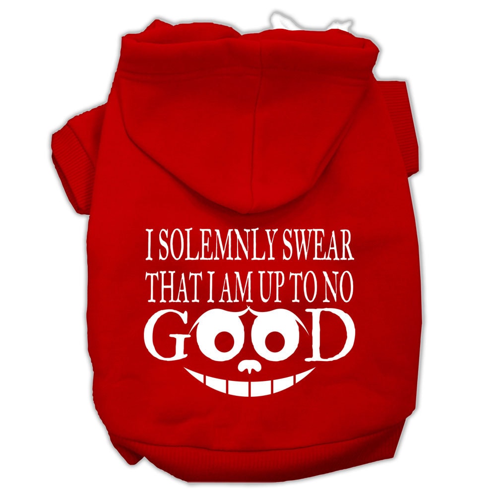 A cozy pet hoodie for dogs and cats, featuring the phrase 'I Solemnly Swear That I Am Up To No Good', showcasing its soft fabric and stylish design.