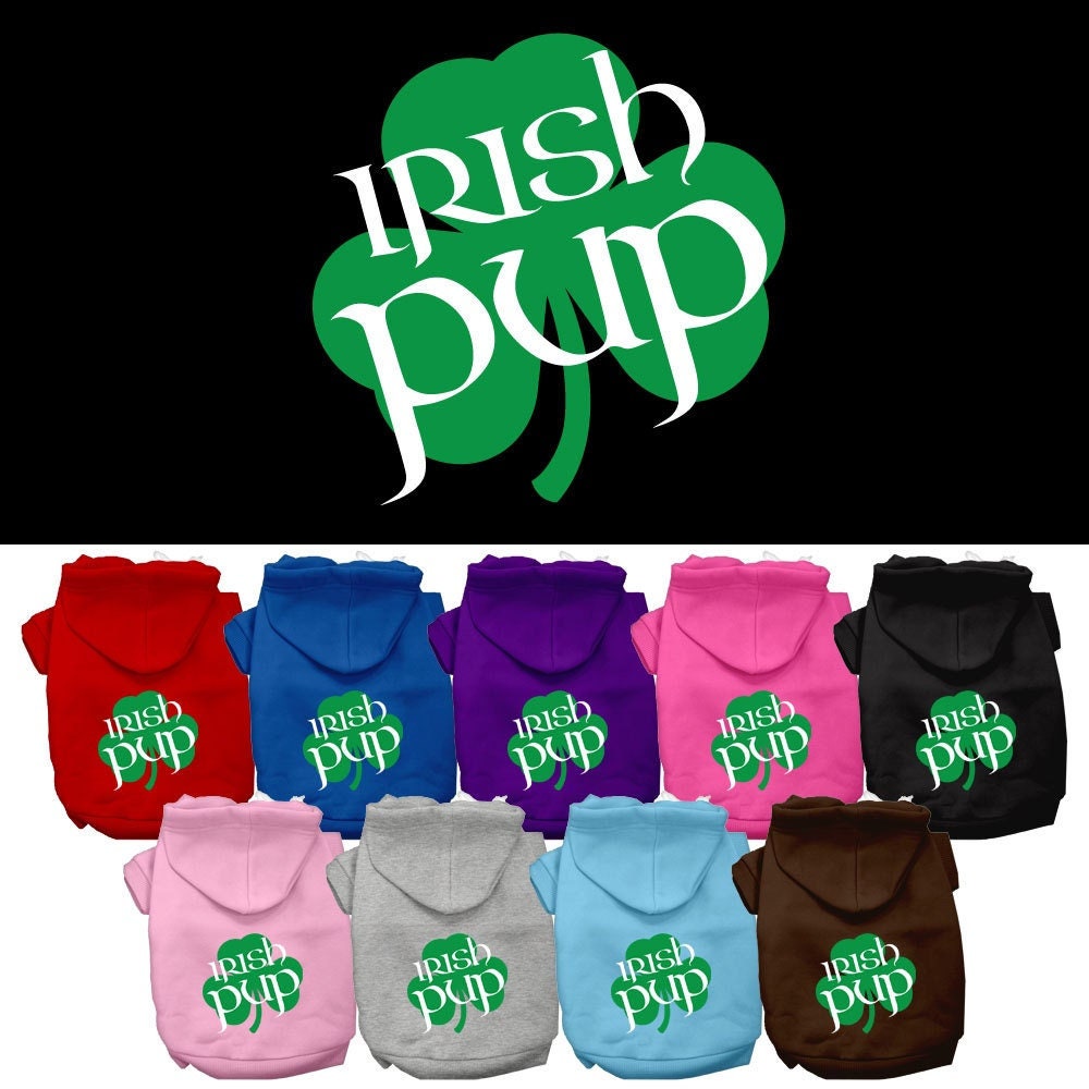 A cozy pet hoodie featuring a screen printed 'Irish Pup' design, suitable for dogs and cats, made from soft cotton and polyester blend.