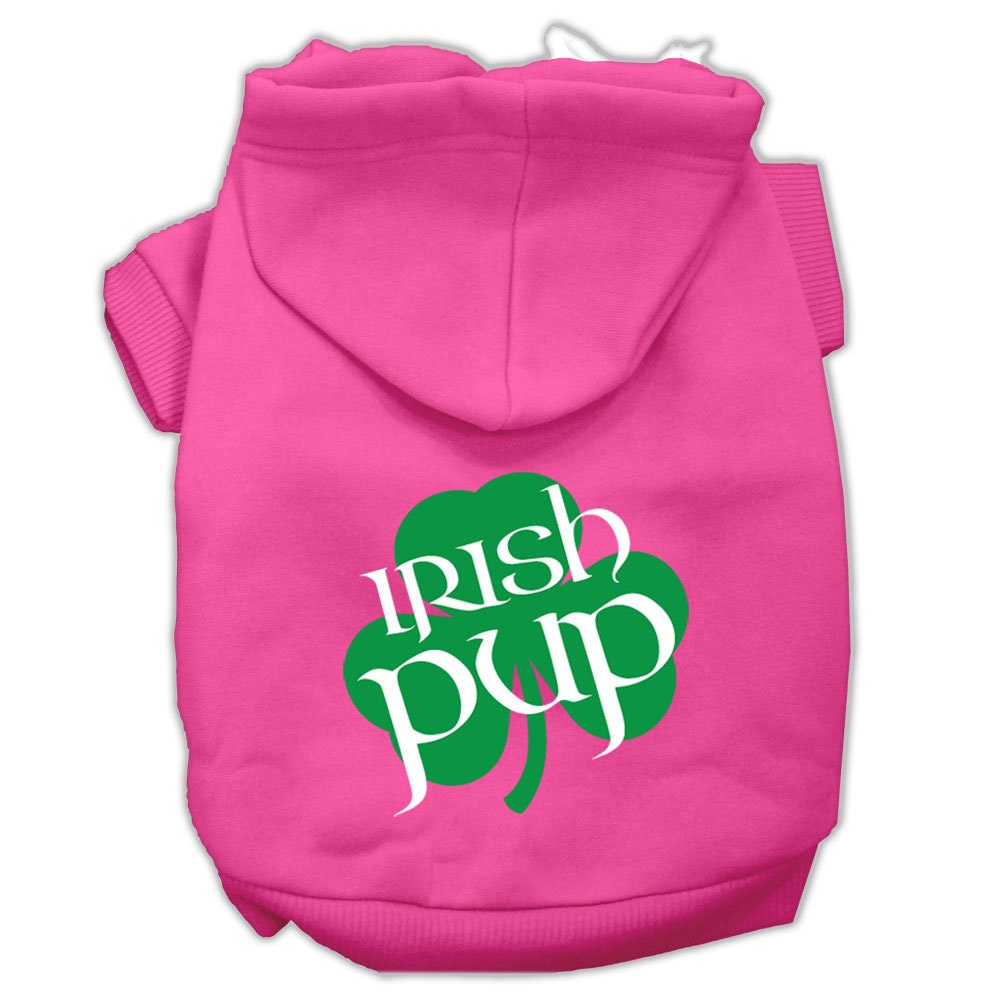 A cozy pet hoodie featuring a screen printed 'Irish Pup' design, suitable for dogs and cats, made from soft cotton and polyester blend.