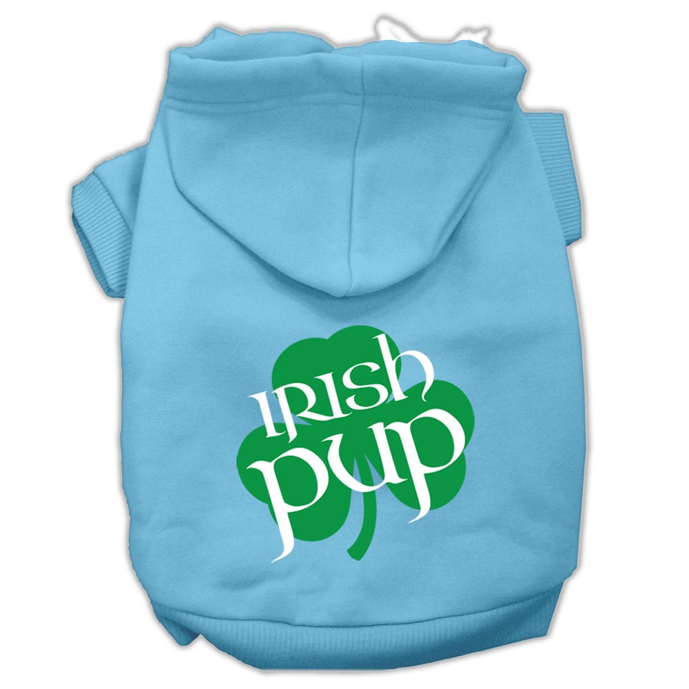 A cozy pet hoodie featuring a screen printed 'Irish Pup' design, suitable for dogs and cats, made from soft cotton and polyester blend.