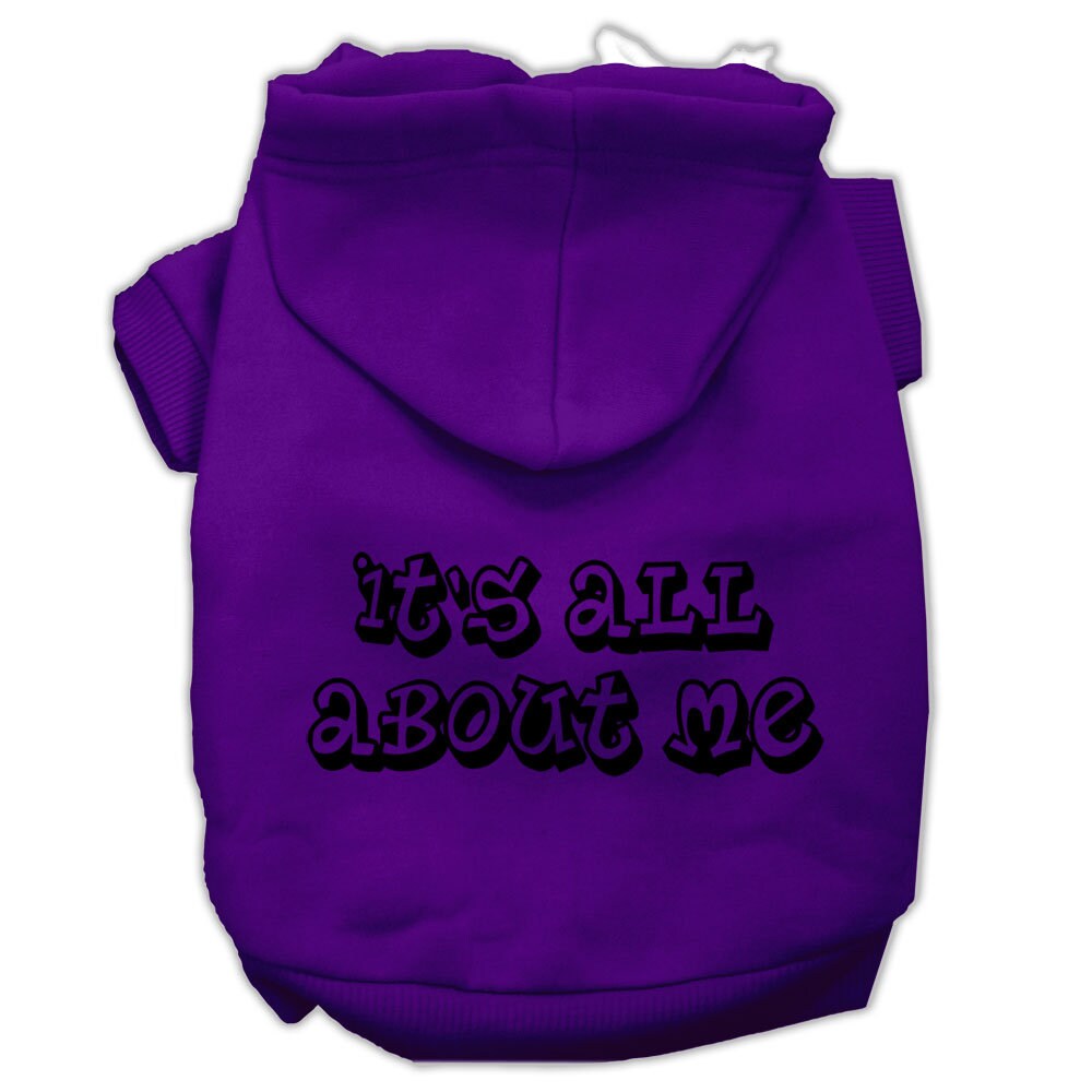 A cozy pet hoodie for dogs and cats, featuring the phrase 'It's All About Me' printed on the back, showcasing a stylish design.