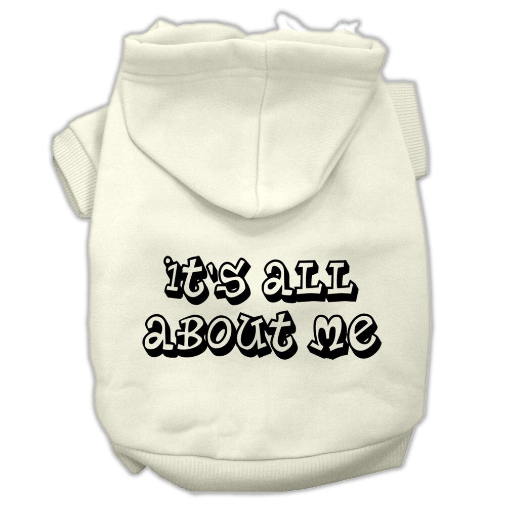 A cozy pet hoodie for dogs and cats, featuring the phrase 'It's All About Me' printed on the back, showcasing a stylish design.