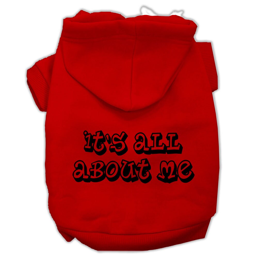 A cozy pet hoodie for dogs and cats, featuring the phrase 'It's All About Me' printed on the back, showcasing a stylish design.