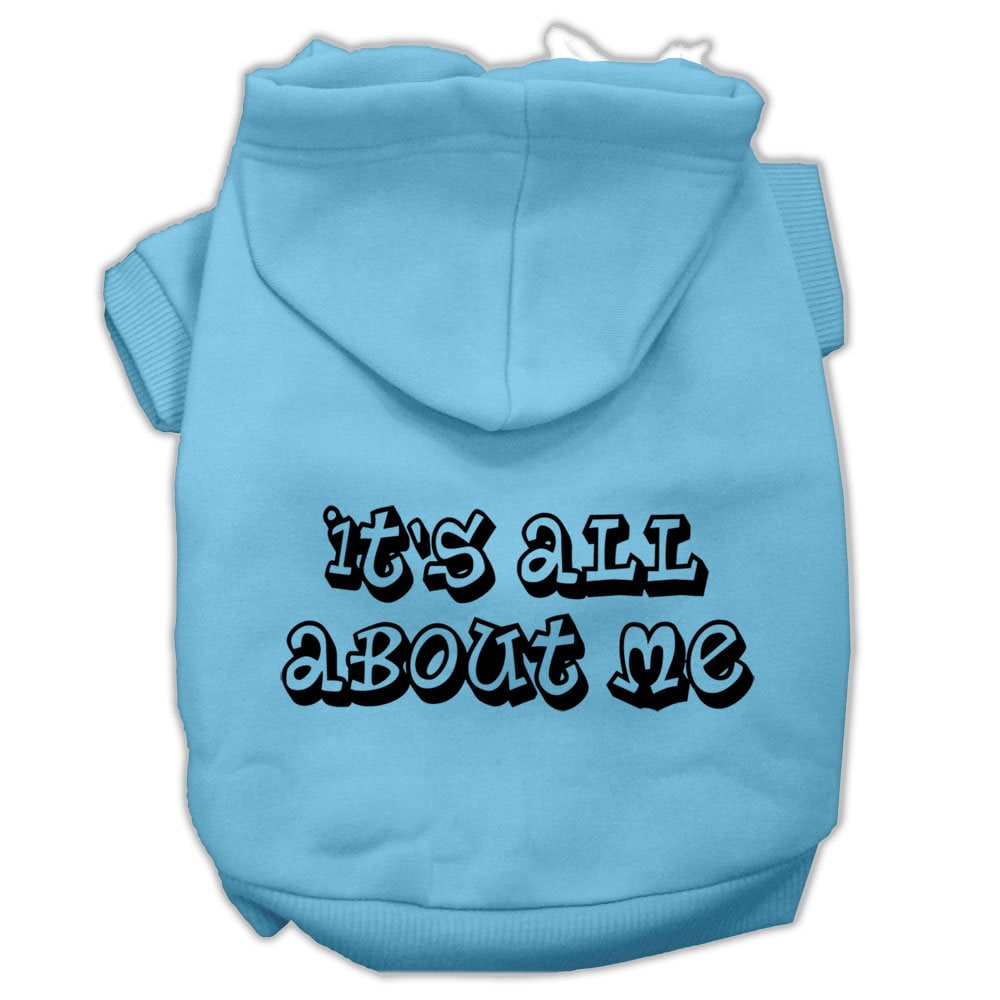 A cozy pet hoodie for dogs and cats, featuring the phrase 'It's All About Me' printed on the back, showcasing a stylish design.
