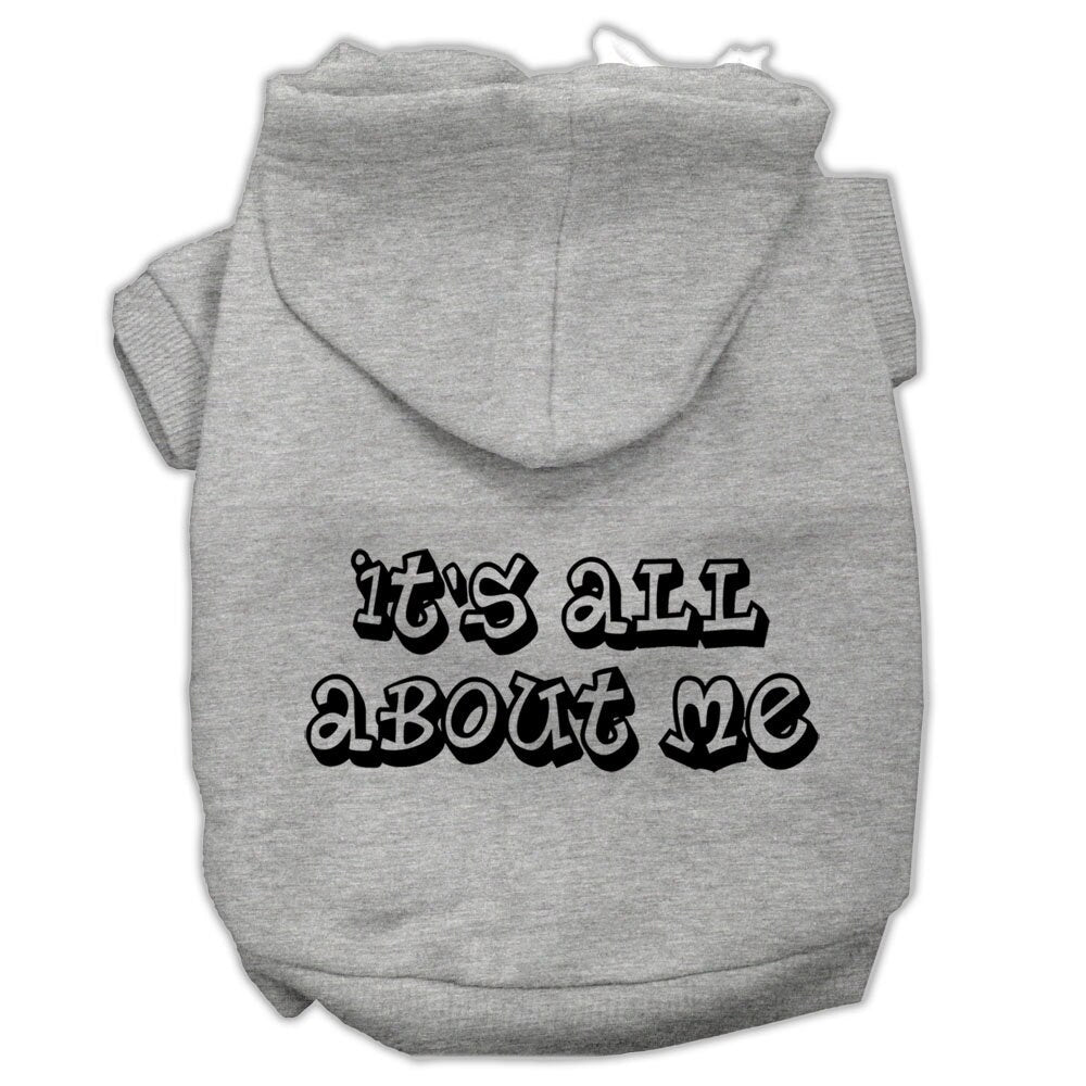 A cozy pet hoodie for dogs and cats, featuring the phrase 'It's All About Me' printed on the back, showcasing a stylish design.